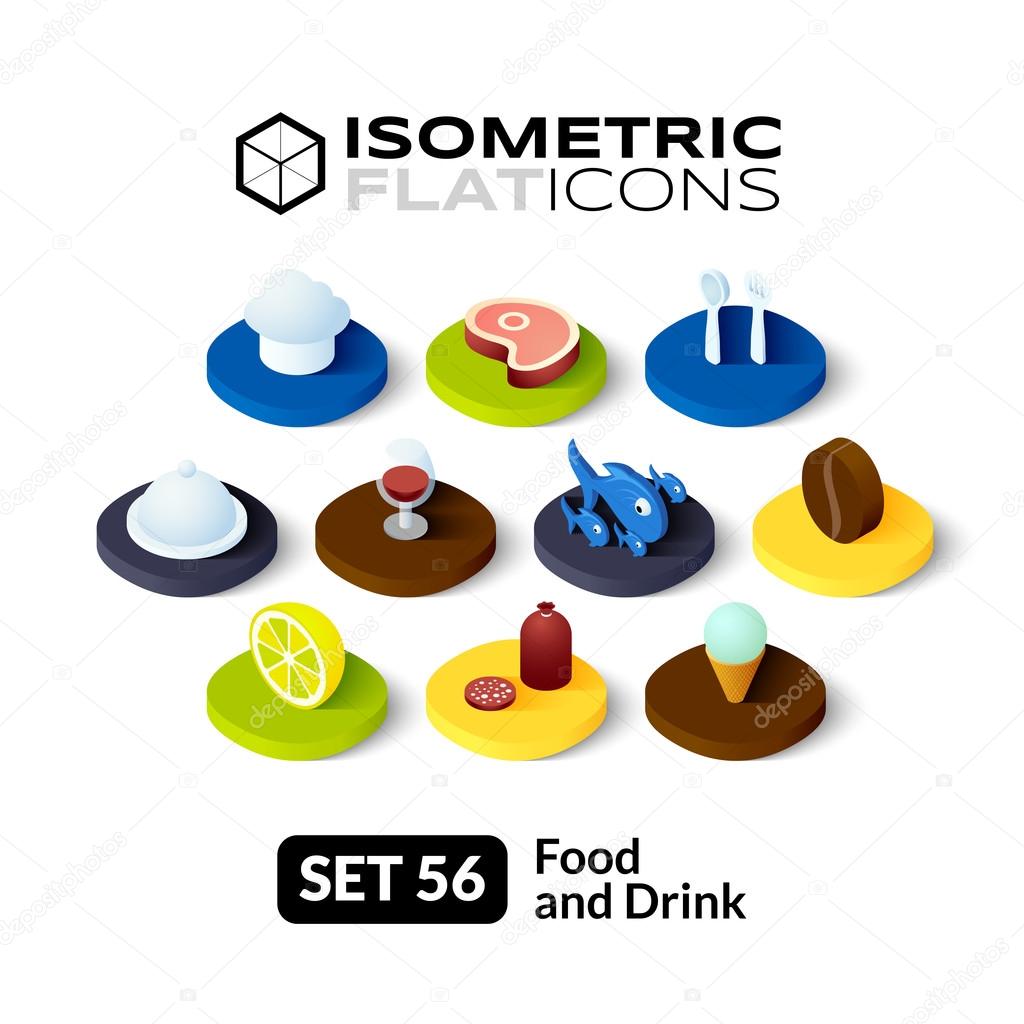 Isometric flat icons, 3D pictograms vector set - Food and drink symbol collection