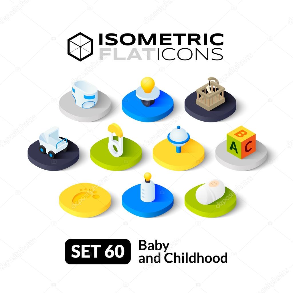 Isometric flat icons, 3D pictograms vector set - Baby and childhood symbol collection