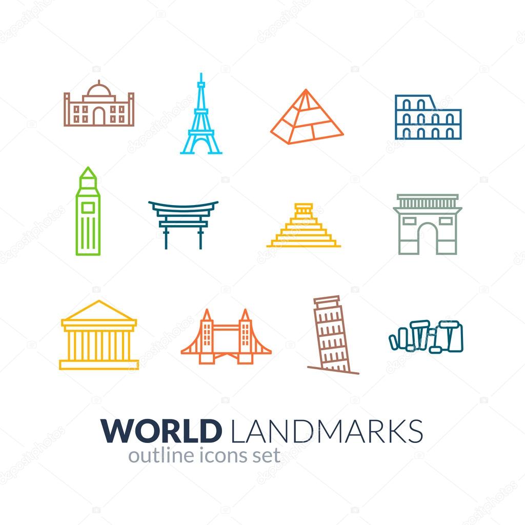 World landmarks outline icons set