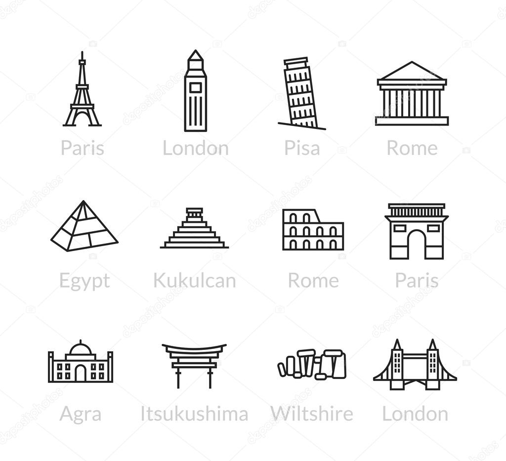 World landmarks outline icons set