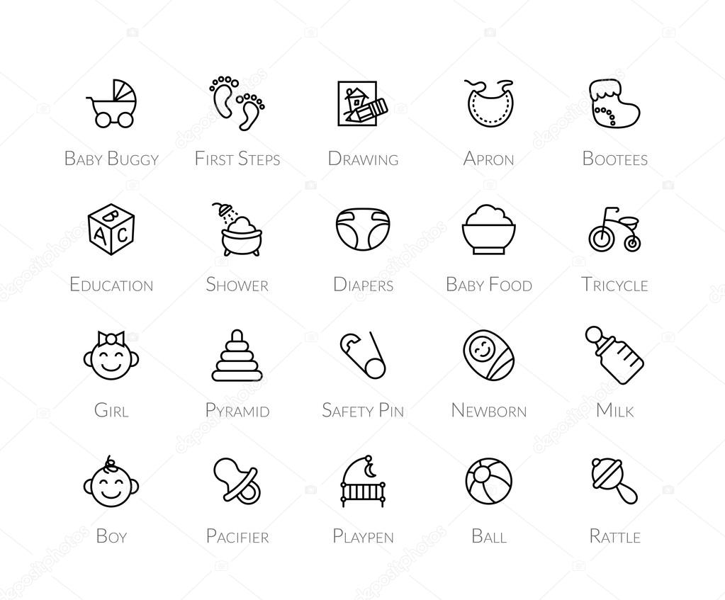 Outline icons thin flat design, modern line stroke style, web and mobile design element, objects and vector illustration icons set - baby and childhood collection