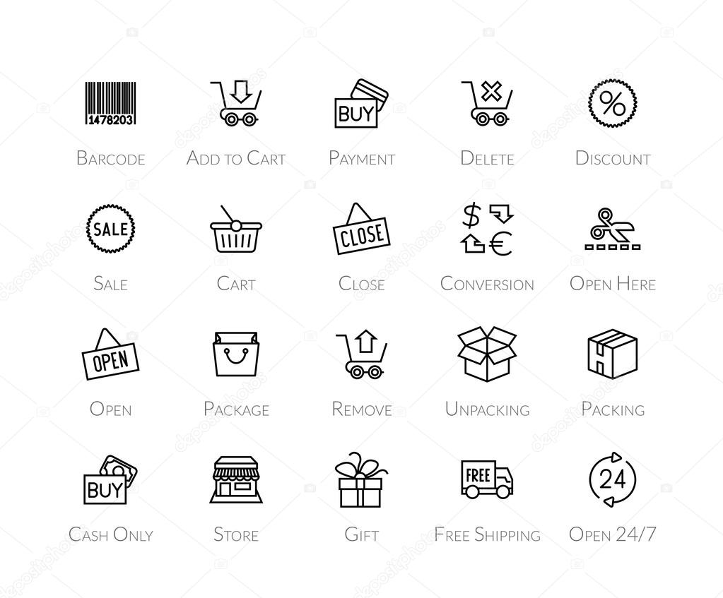 Outline icons thin flat design, modern line stroke style, web and mobile design element, objects and vector illustration icons set - sales and retail collection