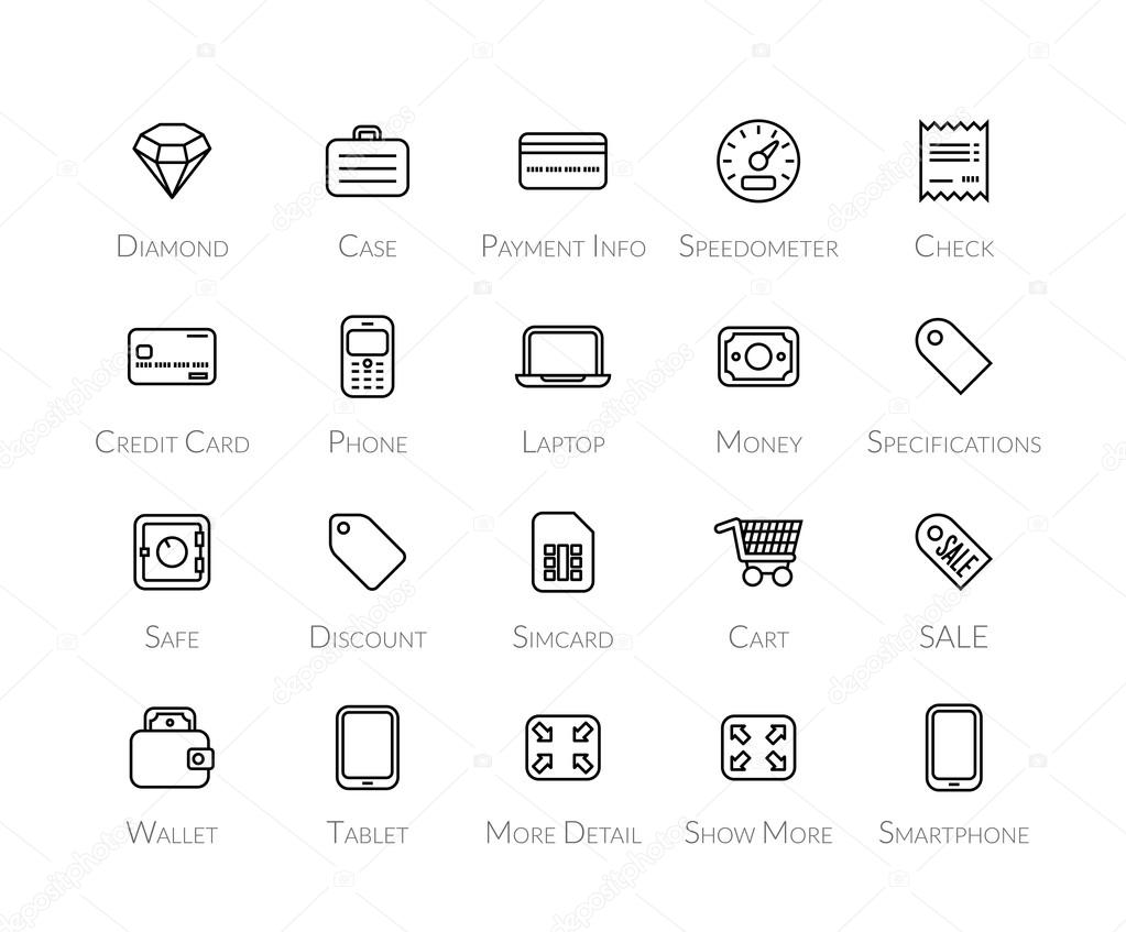 Outline icons thin flat design, modern line stroke style, web and mobile design element, objects and vector illustration icons set  - shopping and finance collection