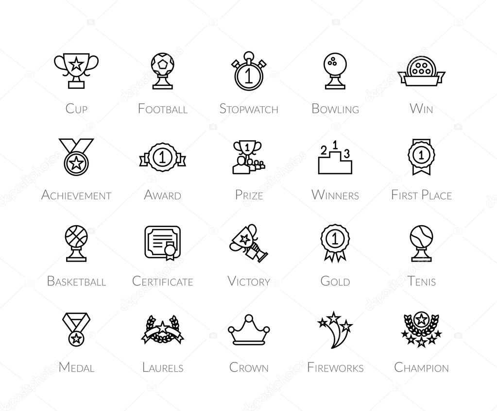 Outline icons thin flat design, modern line stroke style, web and mobile design element, objects and vector illustration icons set - winning prizes and awards collection