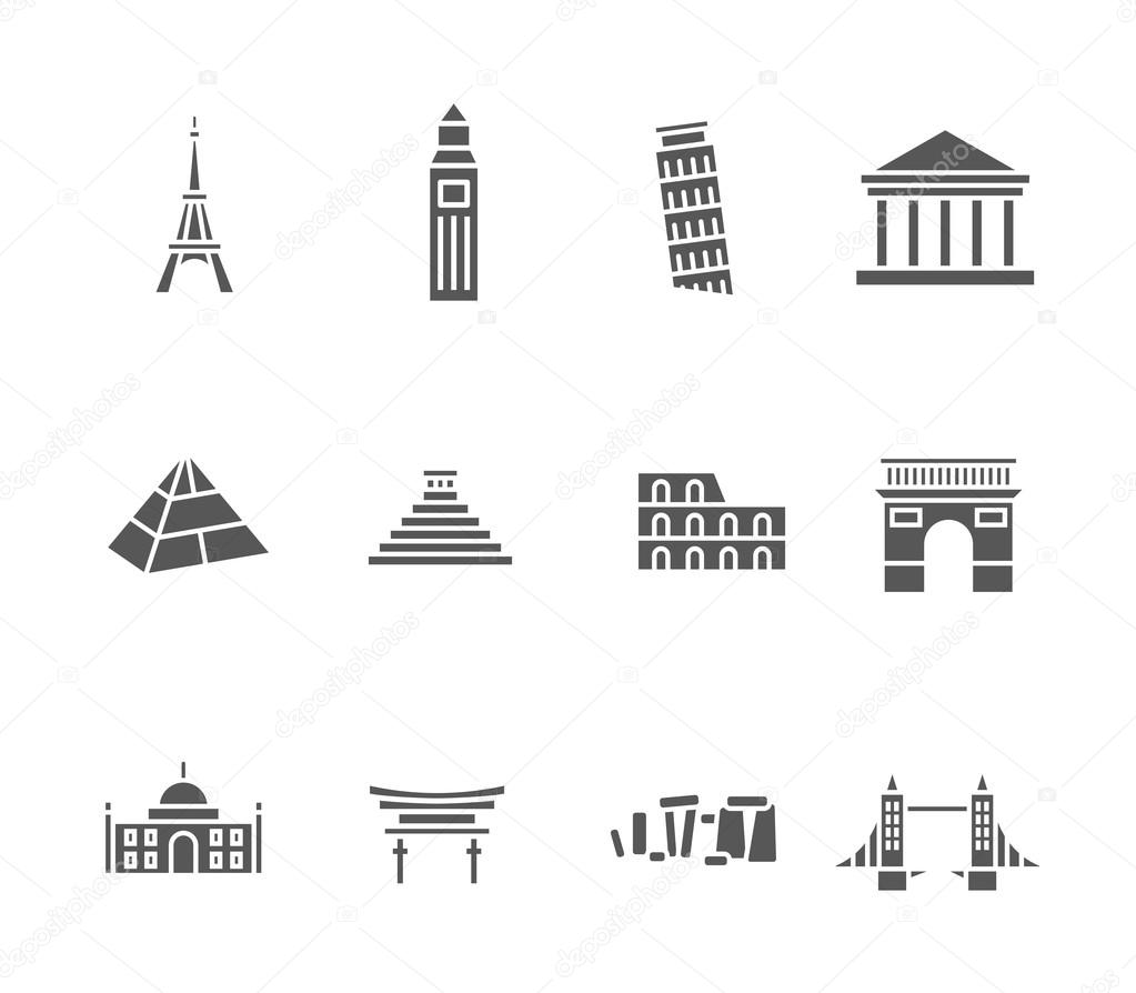 World landmarks silhouette icons set