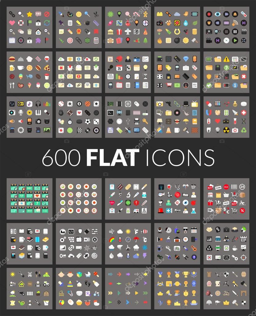 Large icons set, 600 vector pictogram of flat colored isolated on gray background