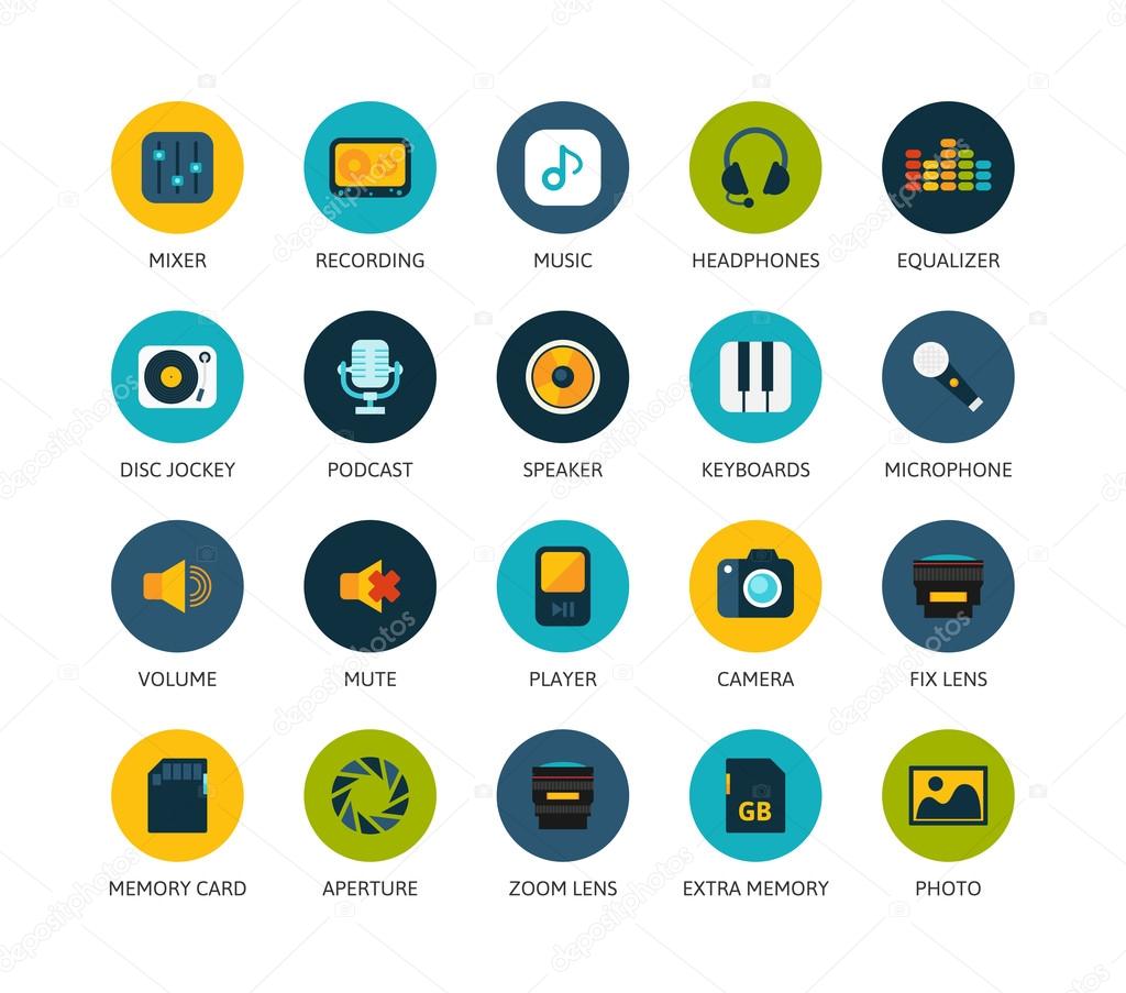 Round icons thin flat design, modern line stroke style, web and mobile design element, objects and vector illustration icons set - audio and photo collection