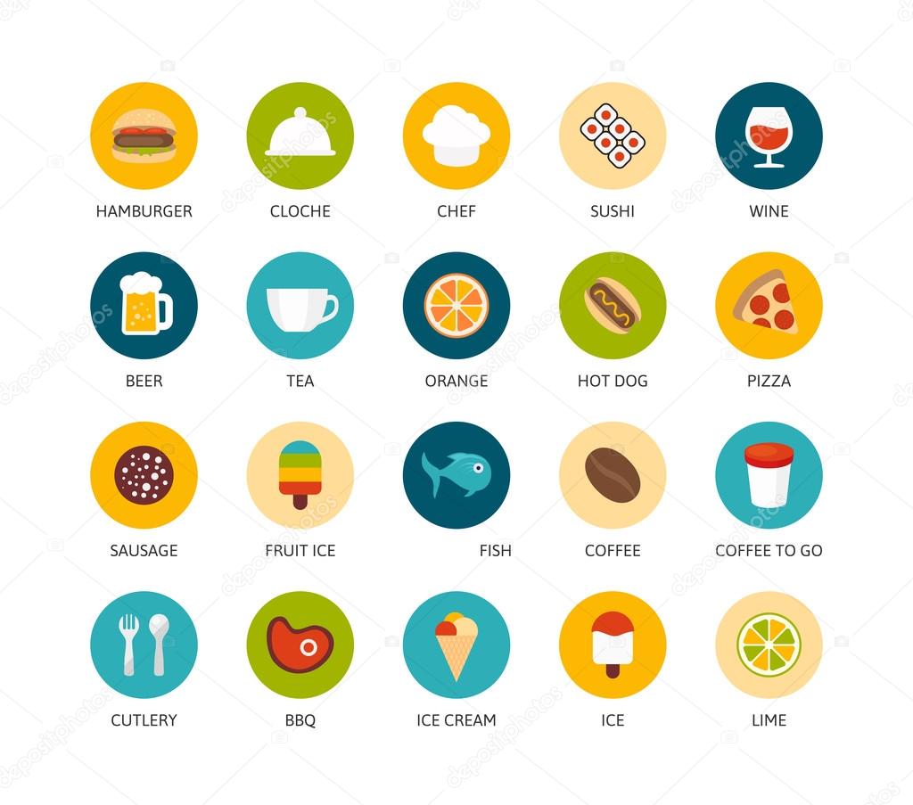 Round icons thin flat design, modern line stroke style, web and mobile design element, objects and vector illustration icons set - food and drink collection