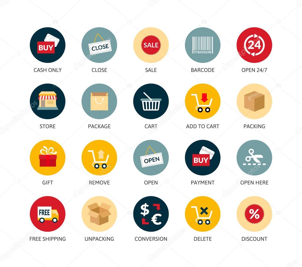 Round icons thin flat design, modern line stroke style, web and mobile design element, objects and vector illustration icons set - sales and retail collection