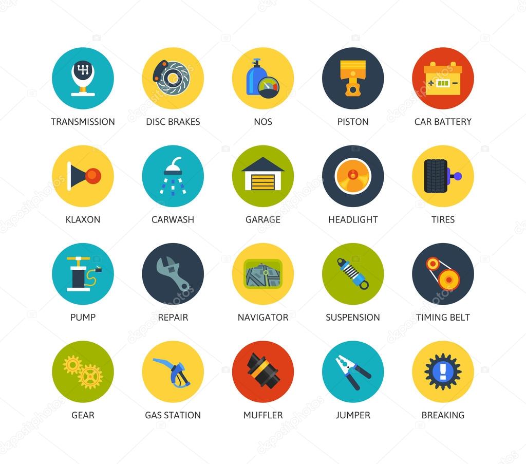 Round icons thin flat design, modern line stroke style, web and mobile design element, objects and vector illustration icons set - car parts and services collection