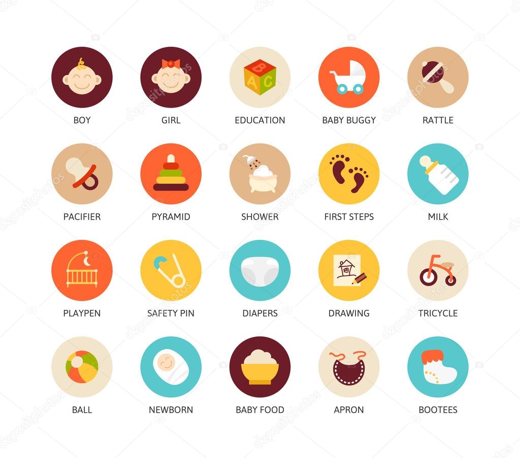 Round icons thin flat design, modern line stroke style, web and mobile design element, objects and vector illustration icons set - baby and childhood collection