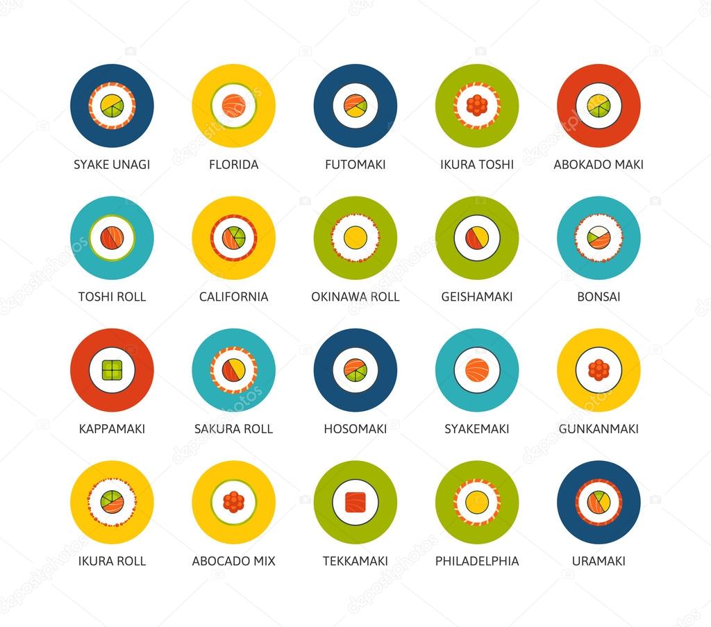 Round icons thin flat design, modern line stroke style, web and mobile design element, objects and vector illustration icons set - sushi collection