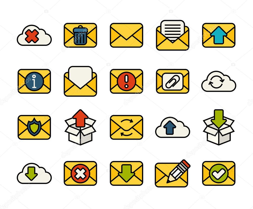 Outline icons thin flat design, modern line stroke style, web and mobile design element, objects and vector illustration icons set - mail and cloud collection