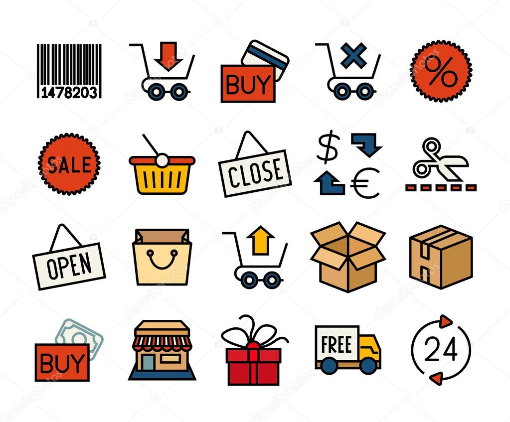 Outline icons thin flat design, modern line stroke style, web and mobile design element, objects and vector illustration icons set - sales and retail collection