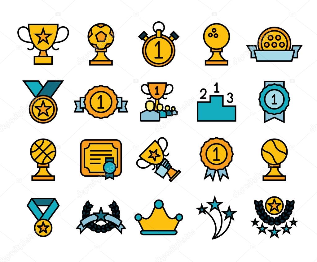Outline icons thin flat design, modern line stroke style, web and mobile design element, objects and vector illustration icons set - winning prizes and awards collection
