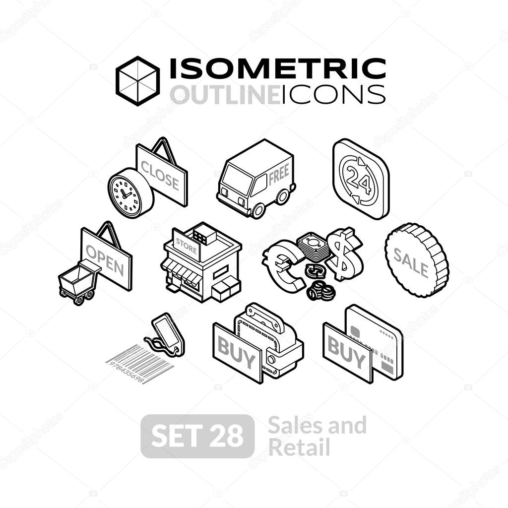 Isometric outline icons, 3D pictograms vector set - Sales and retail symbol collection