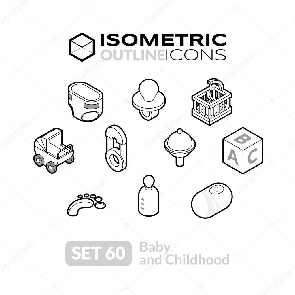 Isometric outline icons, 3D pictograms vector set - Baby and childhood symbol collection