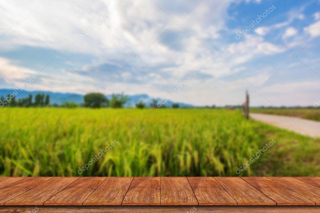 Empty wooden table and blur rice field background Stock Photo by ©pritsadee  123874102