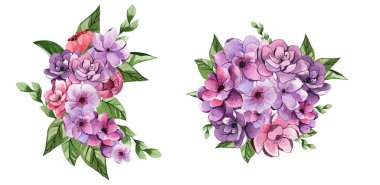 Yeşil yapraklı leylak çiçekleri. Düğün dekorasyonu. Dekoratif çiçekler. Suluboya buketi