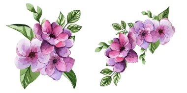 Yeşil yapraklı leylak çiçekleri. Düğün dekorasyonu. Dekoratif çiçekler. Suluboya buketi