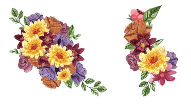 Sonbahar renklerinin suluboya seti. Bir buket çiçek. Dekor