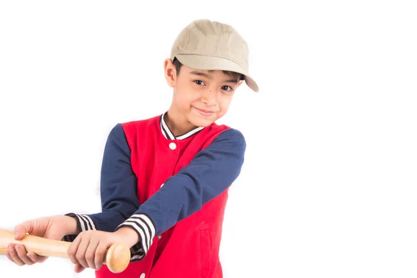 Piccolo ragazzo che prende mazza da baseball su sfondo bianco — Foto Stock