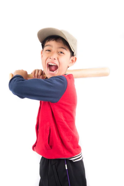 Piccolo ragazzo che prende mazza da baseball su sfondo bianco — Foto Stock