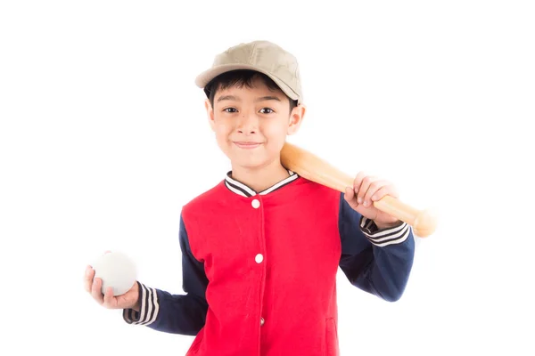 Liten pojke med basebollträ på vit bakgrund — Stockfoto
