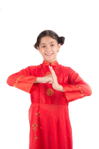 Little girl in red cloth ready for chinese new year — Stock Photo, Image