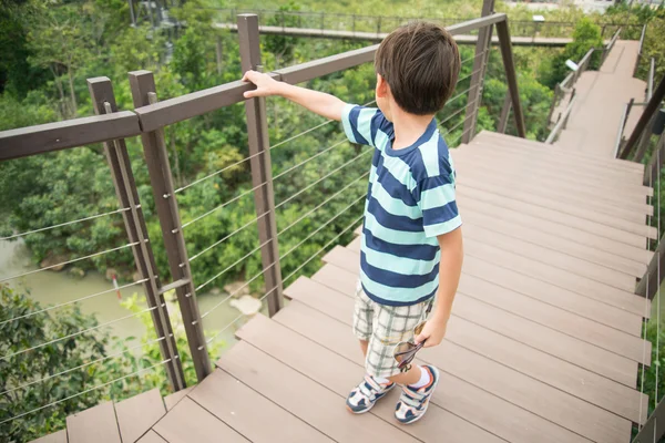 Ragazzo che cammina sul ponte di legno — Foto Stock