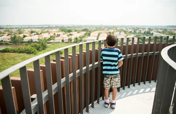 Garçon marchant sur le pont en bois — Photo