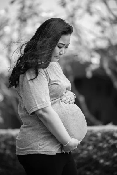 Portriat van de zwangerschap houdt haar buik in de laatste maand vóór leveren — Stockfoto