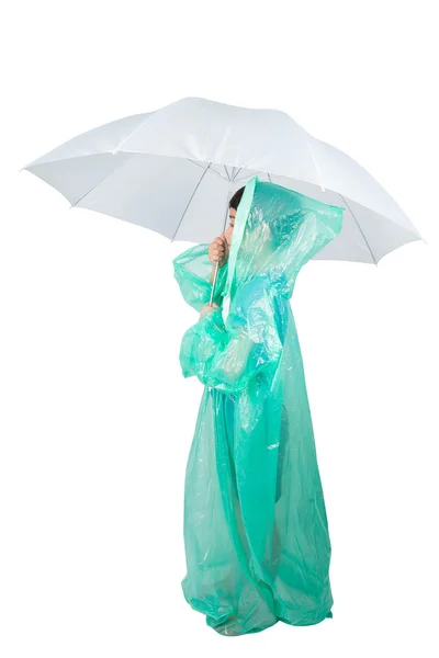 Little boy wearing rain coat on white background — Stock Photo, Image