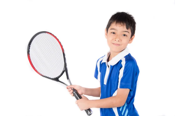 Niño jugando raqueta de tenis y pelota de tenis en la mano —  Fotos de Stock