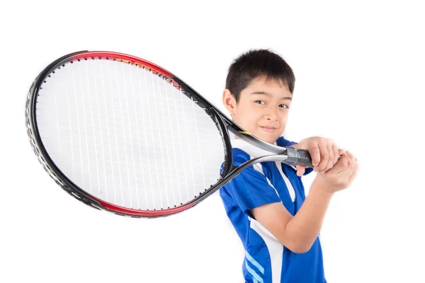 Menino jogando raquete de tênis e bola de tênis na mão — Fotografia de Stock