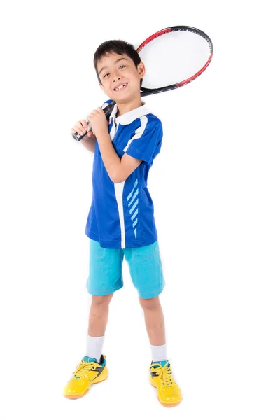 Menino jogando raquete de tênis e bola de tênis na mão — Fotografia de Stock