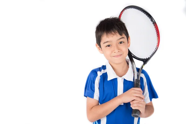 Μικρό αγόρι παίζει ρακέτα του τένις και μπάλα του τένις στο χέρι — Φωτογραφία Αρχείου