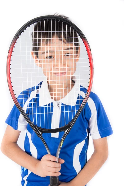 Niño jugando raqueta de tenis y pelota de tenis en la mano —  Fotos de Stock