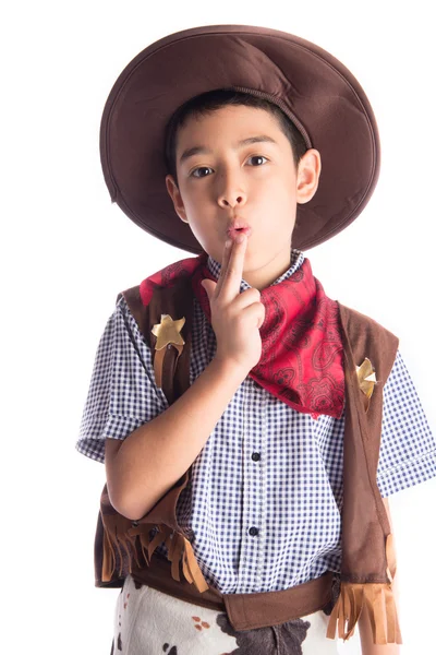 Niño en traje de vaquero sobre fondo blanco — Foto de Stock