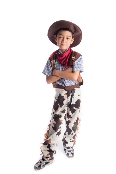 Niño en traje de vaquero sobre fondo blanco —  Fotos de Stock