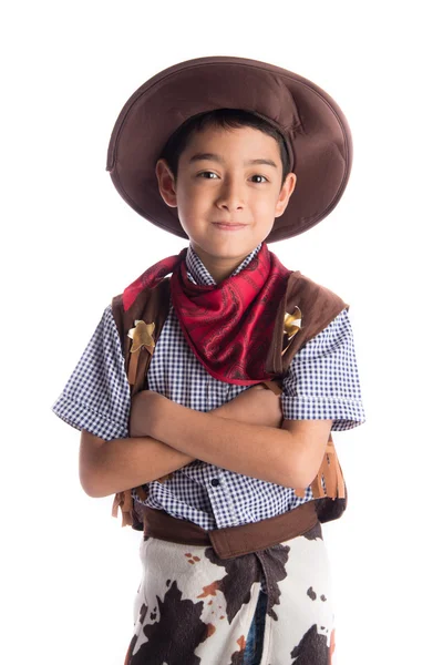 Menino em traje de cowboy no fundo branco — Fotografia de Stock