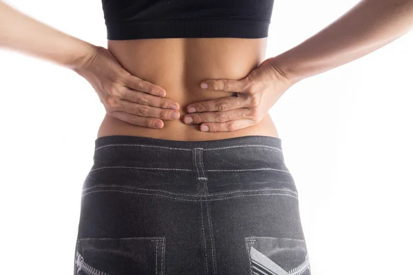 Frau hat Schmerzen wegen Rückenschmerzen — Stockfoto