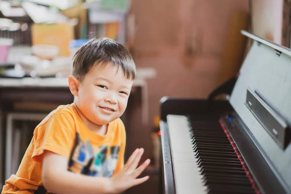 Little Boy Learning Practicing Piano Online Digital Tablet — Stock Photo, Image