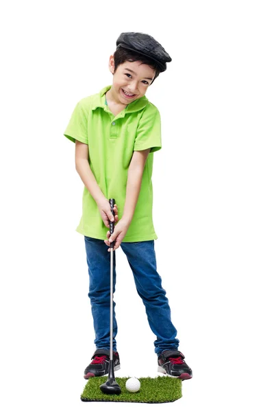 Kleiner Junge mit Golfschläger auf weißem Hintergrund — Stockfoto