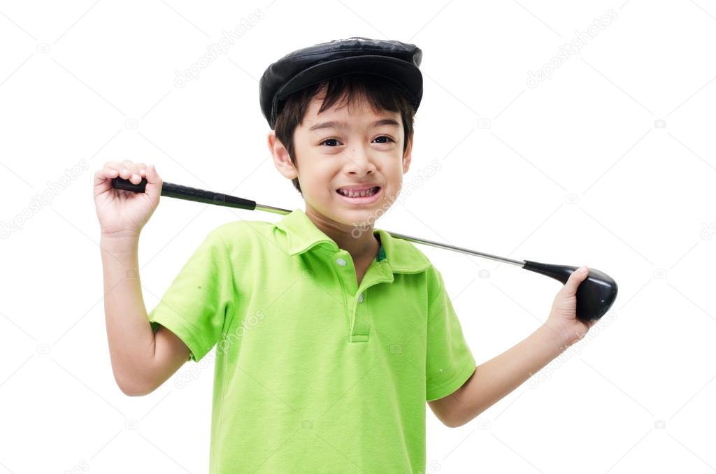 Little boy taking golf club on white background
