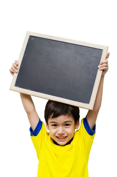 Menino segurando um quadro negro sobre fundo branco — Fotografia de Stock