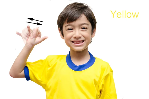 Kolor żółty dziecko ręki języka migowego na białym tle — Zdjęcie stockowe