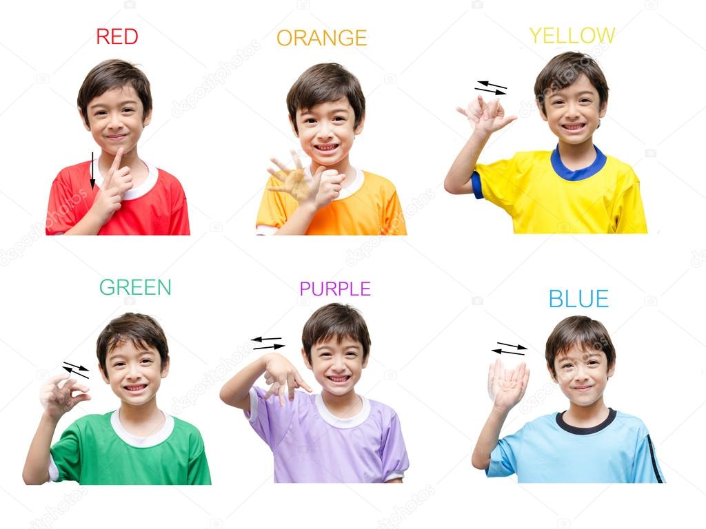 Color kid hand sign language on white background