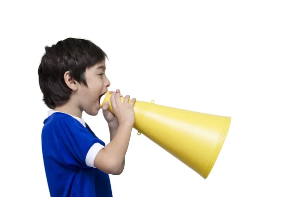 Pequeno menino gritando com o megafone — Fotografia de Stock