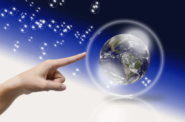 Earth protection by bubble and finger touch-"Elements of this im — Stock Photo, Image